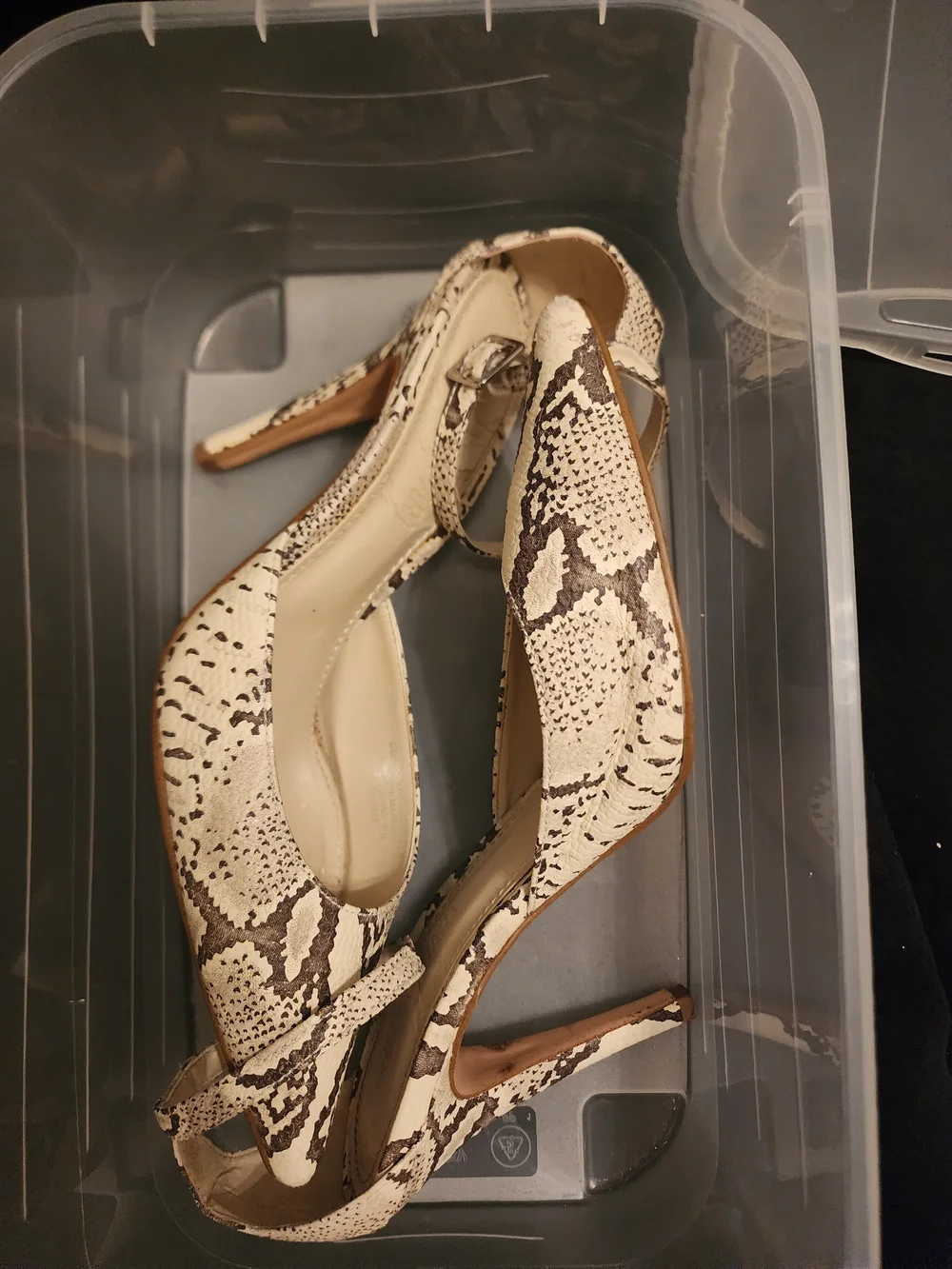 Colin Stuart Pointed Snake-Print Ankle-Strap Heels in Beige Size 7.5